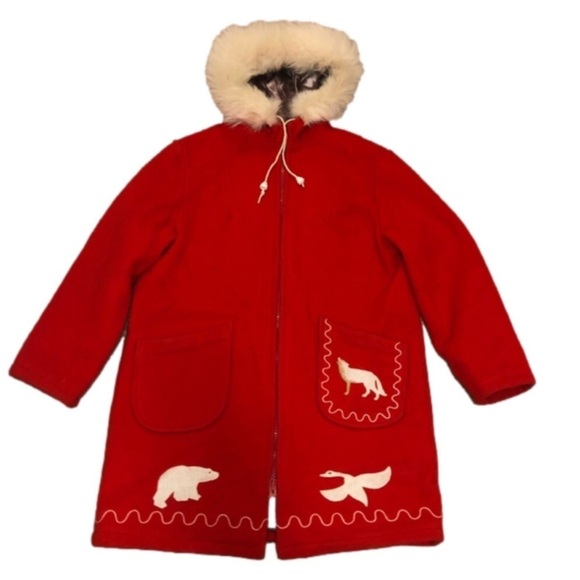 VTG Kelsey Trail Inuvik Red Virgin Wool Coat w Embroiderd Outer Shell Sz 19 / XL - Picture 2 of 13